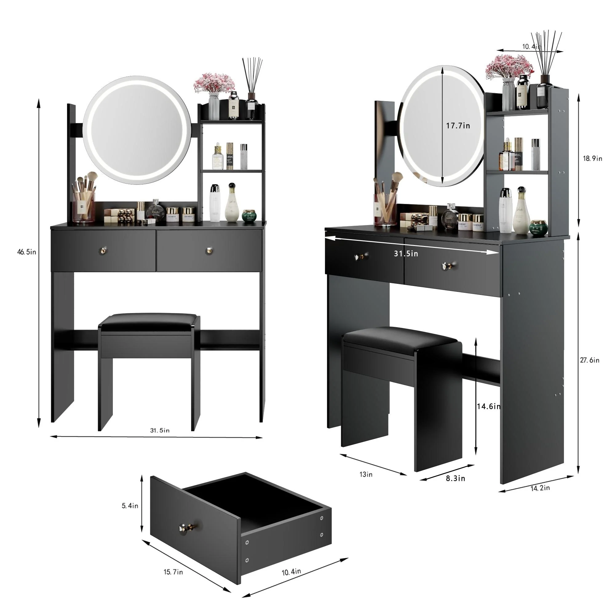 Round LED Mirror Vanity Table, Dressing Set with Cushioned Stool, Makeup Cabinet with Touch Mirror & Multi-layer Storage