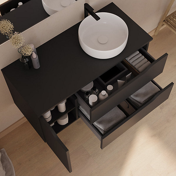 Meuble de salle de bain 100cm avec plateau et vasque à poser à droite Ares - sans miroir - 2 tiroirs et 1 placard - noir - ZARZA