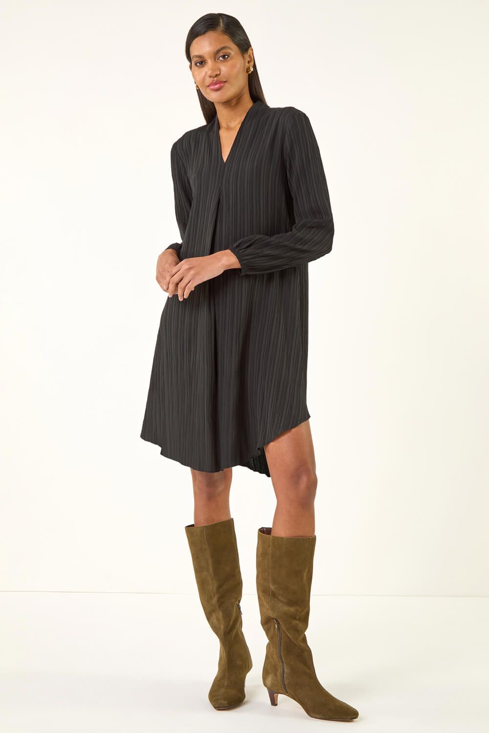 Roman Textured V-Neck Swing Dress