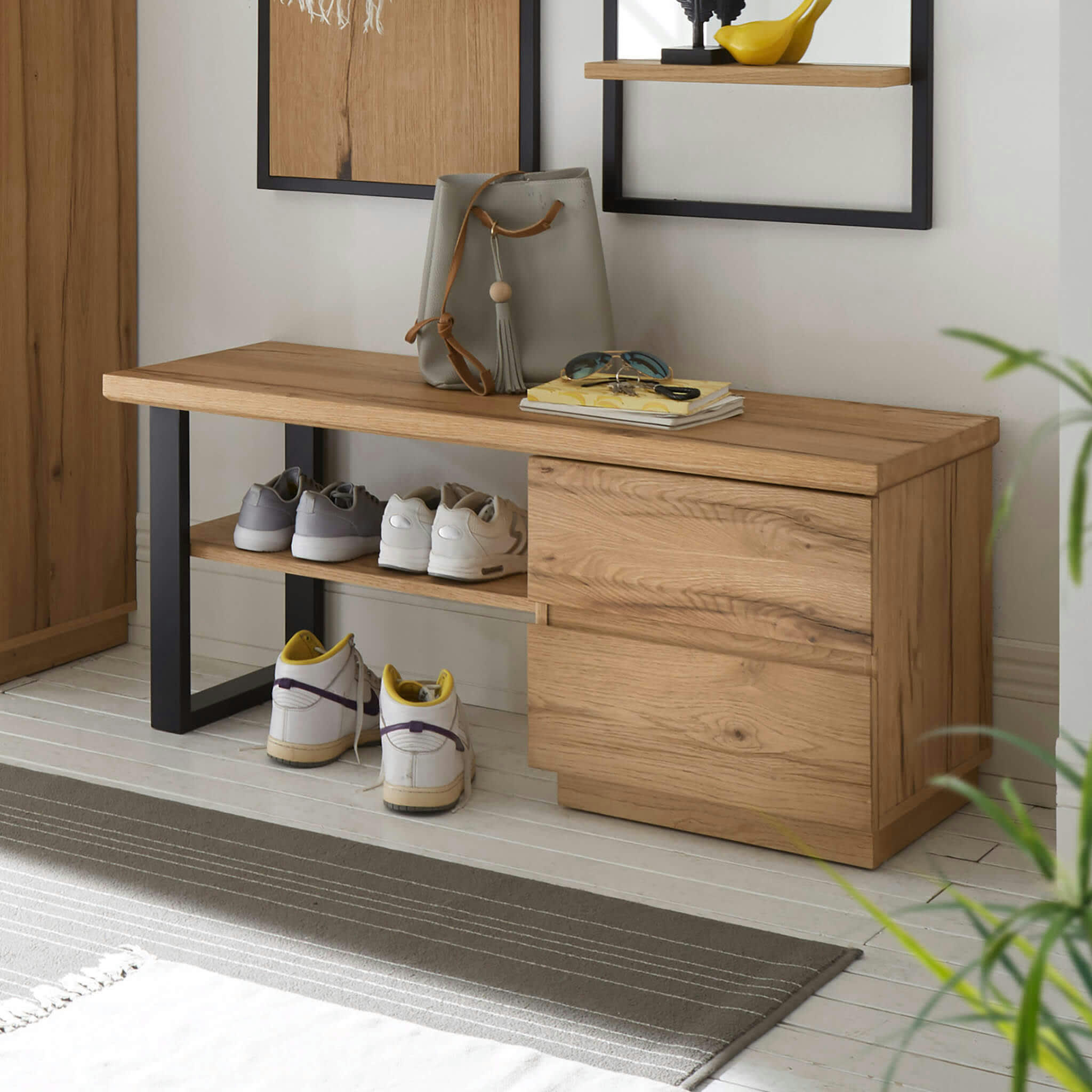 - Meuble à chaussures 2 tiroirs en bois imitation chêne