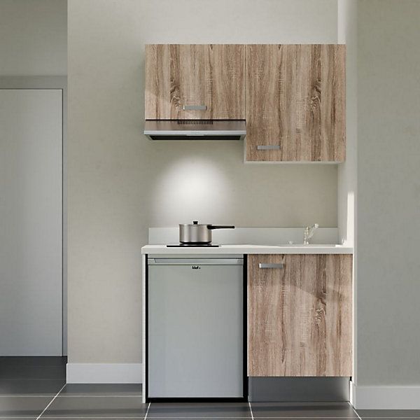 Kitchenette K01 - 120 cm - façades Bois - Plan monobloc en quartz coloris Snova évier à droite - Electroménager Inox