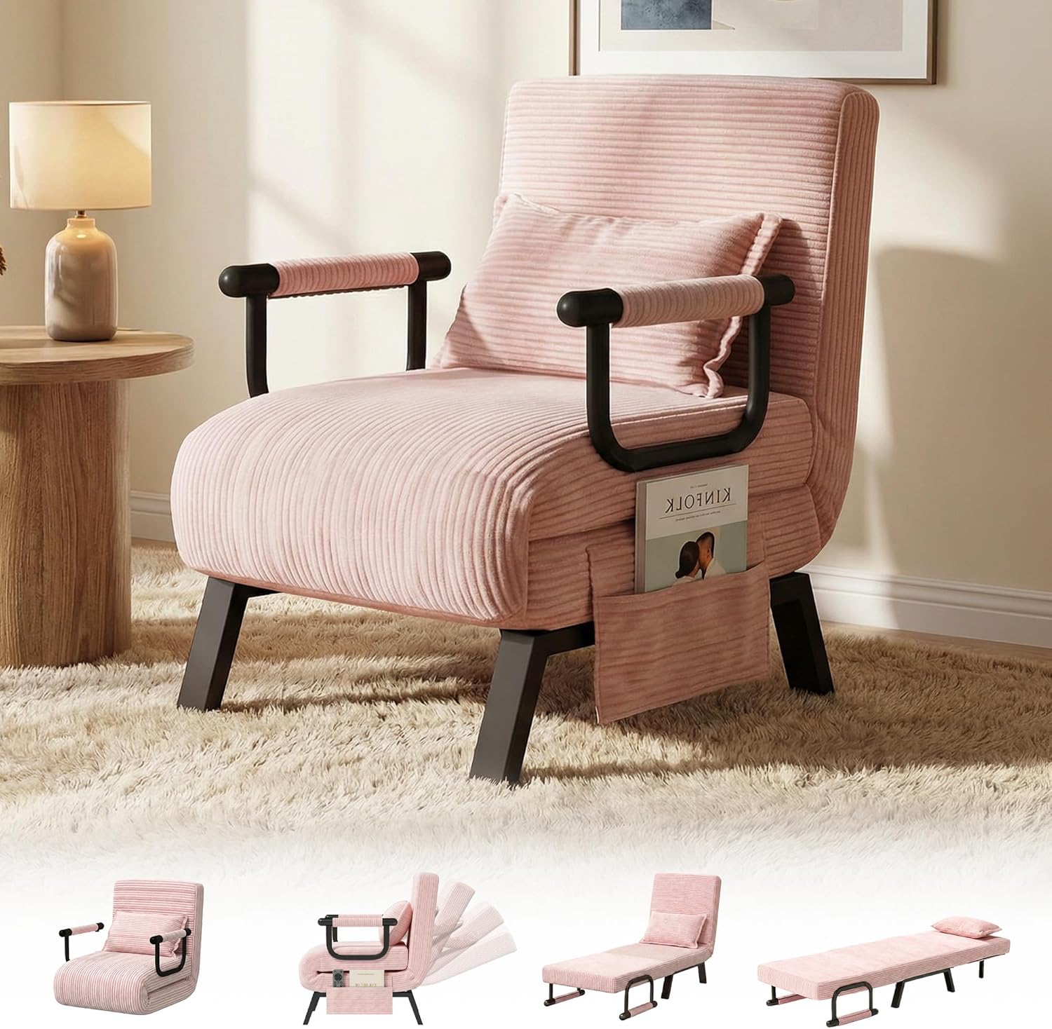 TYBOATLE Sleep Chair Bed, Comfy Convertible Sleeper Chairs for Adults, 5 in 1 Folding Sofa Bed with Adjustable Backrest & Side Pockets & Pillow, Cozy Small Corduroy Couch for Small Spaces (Pink)