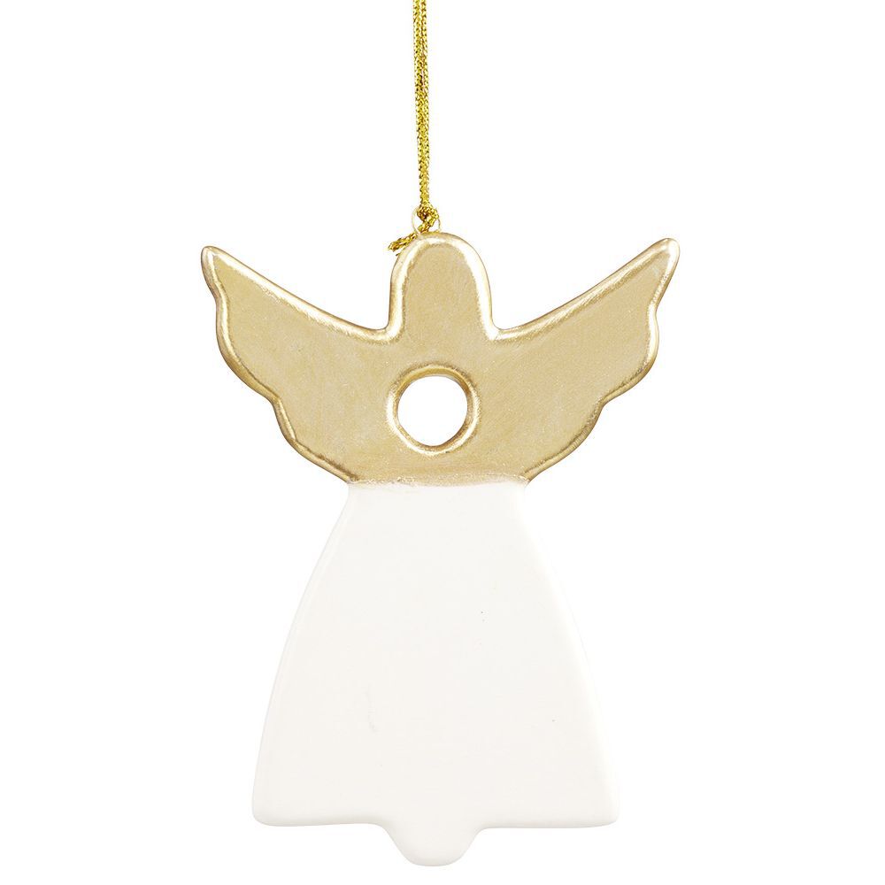 Suspension de No&euml;l Ange en grès blanc et doré H11 cm