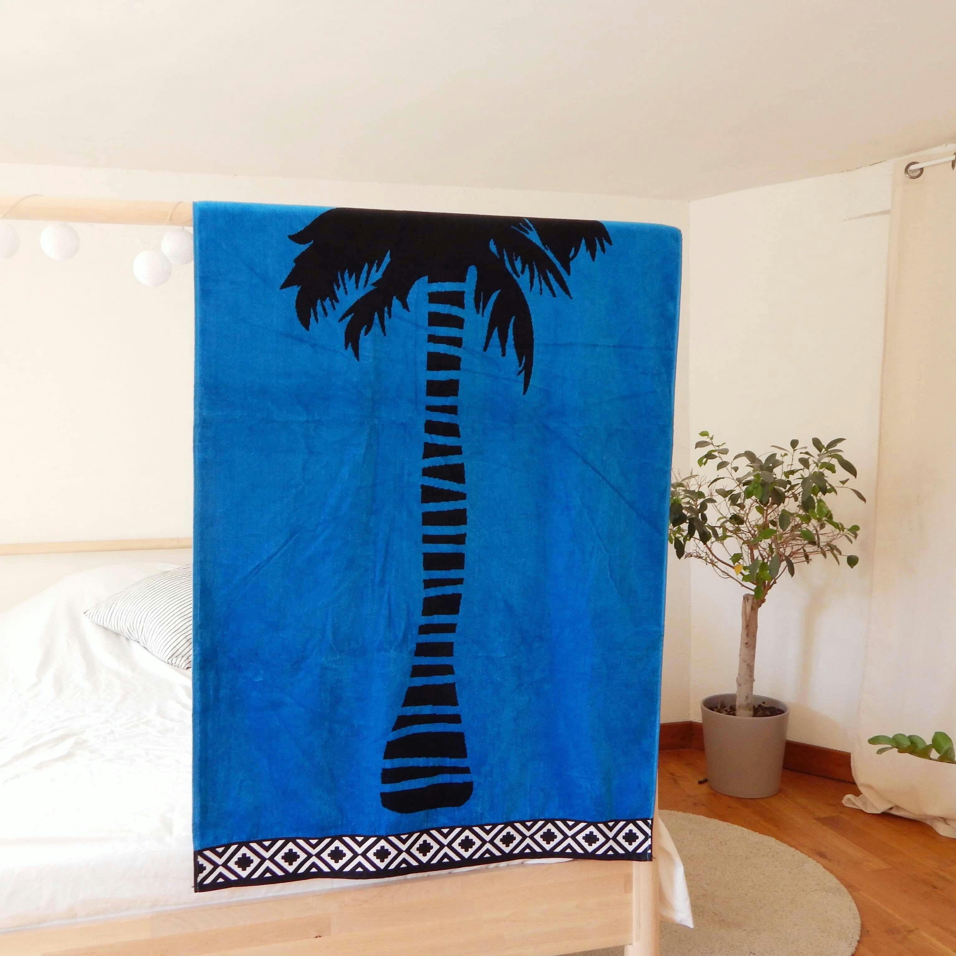PLAGE - Serviette de plage éponge velours bleu plaza 86 x 160
