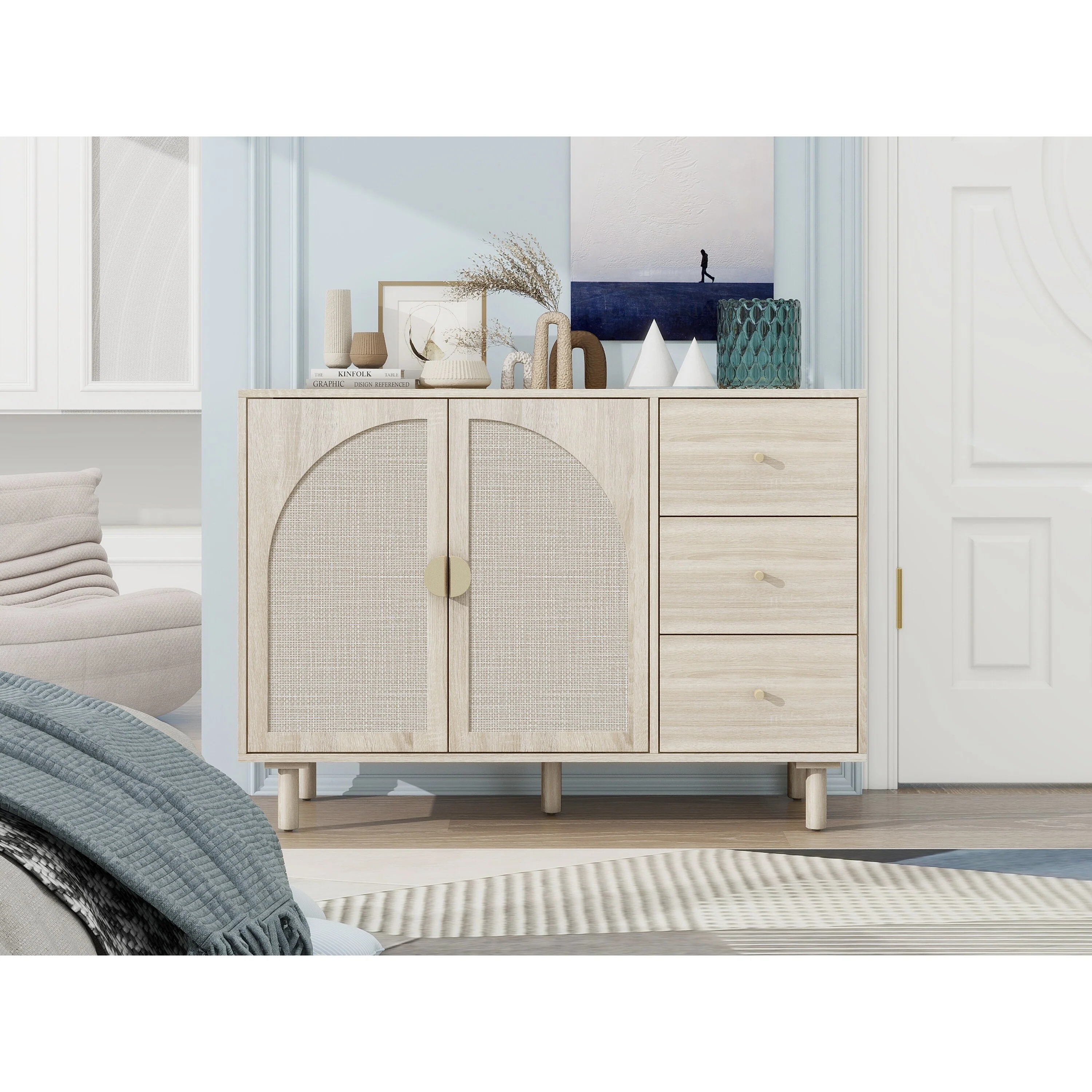 Modern 2-Door Storage Cabinet with 3 Drawers and Adjustable Shelves for Bedroom, Living Room, Study