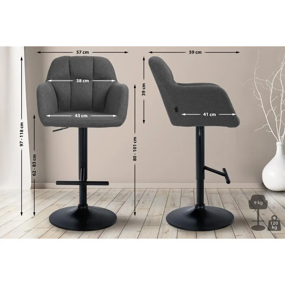 CLP Barkruk Natoma zwart Frame - Stof - donkergrijs