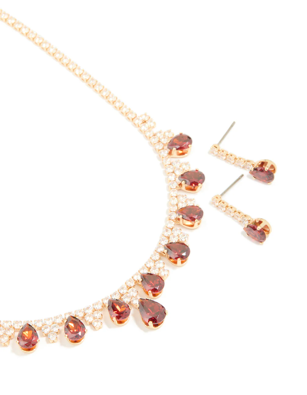 Gold Red Cubic Zirconia Cup Chain Teardrop Earrings & Necklace Set