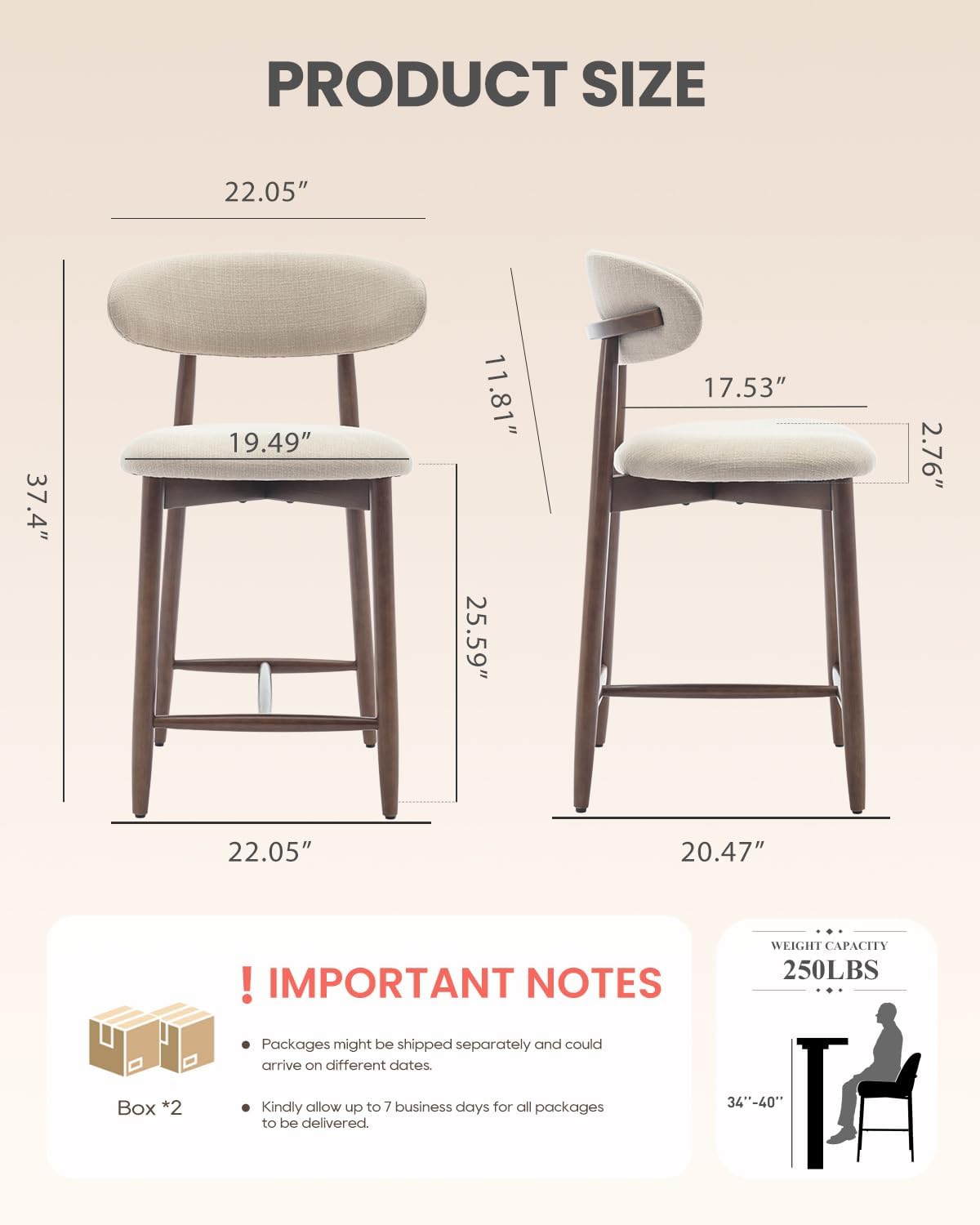 COLAMY Counter Height Bar Stools Set of 3, Upholstered Barstools with Back, Mid Century Modern Stools with Wood Legs for Kitchen Island Dining Room, Beige