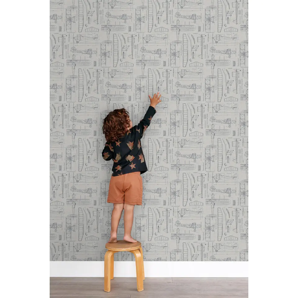 ESTAhome behang constructietekeningen van vliegtuigen taupe en grijsblauw