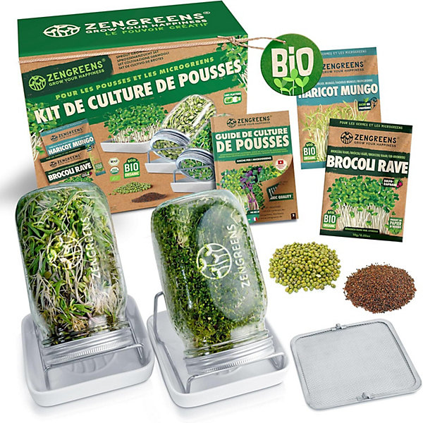Kit de germoir pour graines à germer Bio Lot de 2 bocaux à pousses Comprend Bocal à germes, Plateau de Germination et semences
