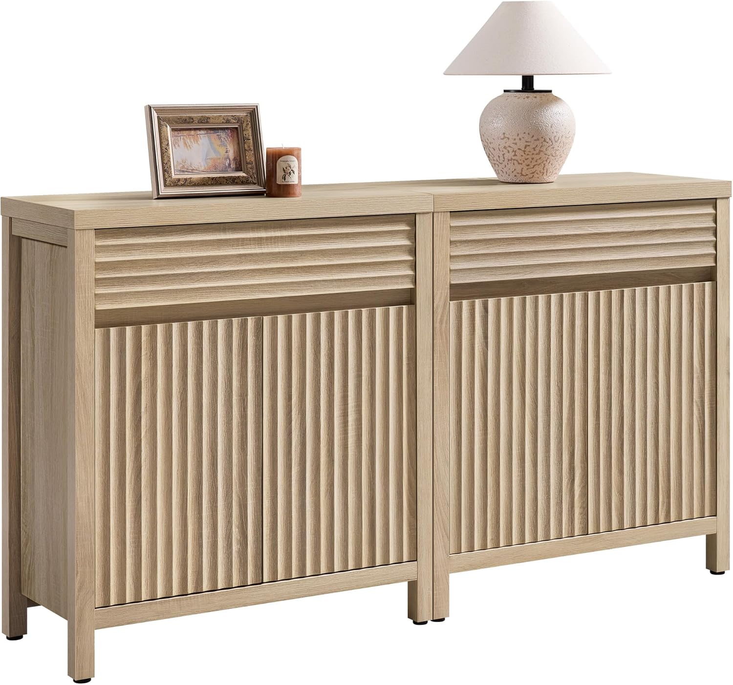 SICOTAS 58 Fluted Buffet Cabinet with Storage, Modern Farmhouse Sideboard with Drawers & 3-Level Adjustable Shelf, Handle-Less Coffee Bar Console Table for Kitchen Living Room Entryway, Light Oak