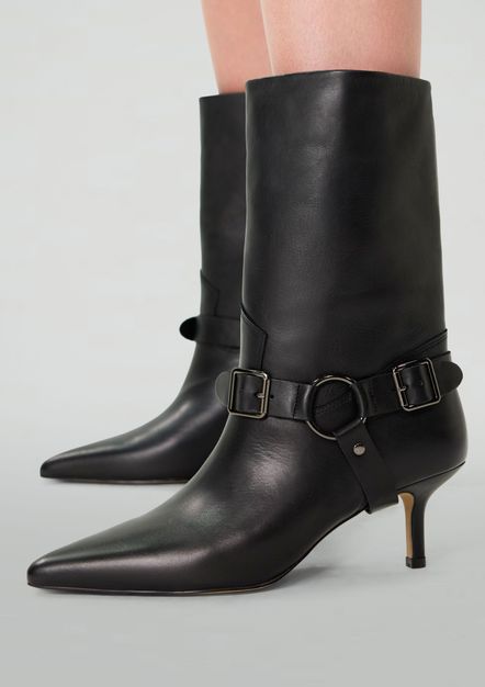Zwarte leren buckle enkellaarsjes met hak