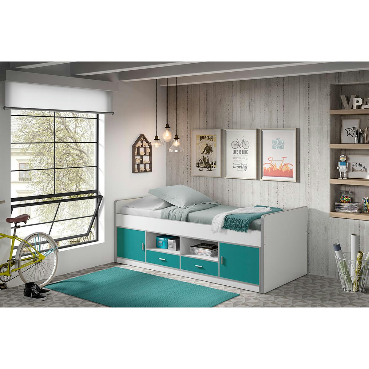 BONNY - Lit capitaine 90x200 sommier inclus turquoise