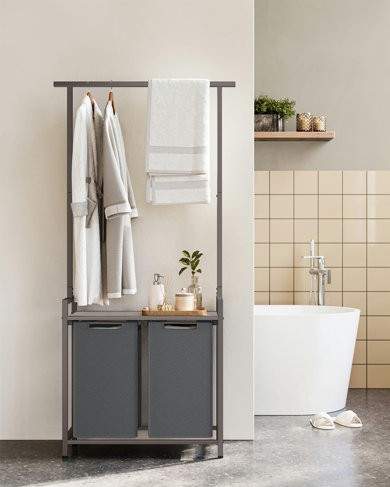 - Panier à linge double en polyester grège mélangé et gris ardoise