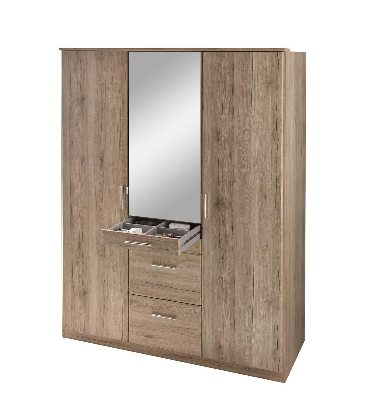 - Armoire 3 portes dont 1 miroir, 4 tiroirs - L135 cm