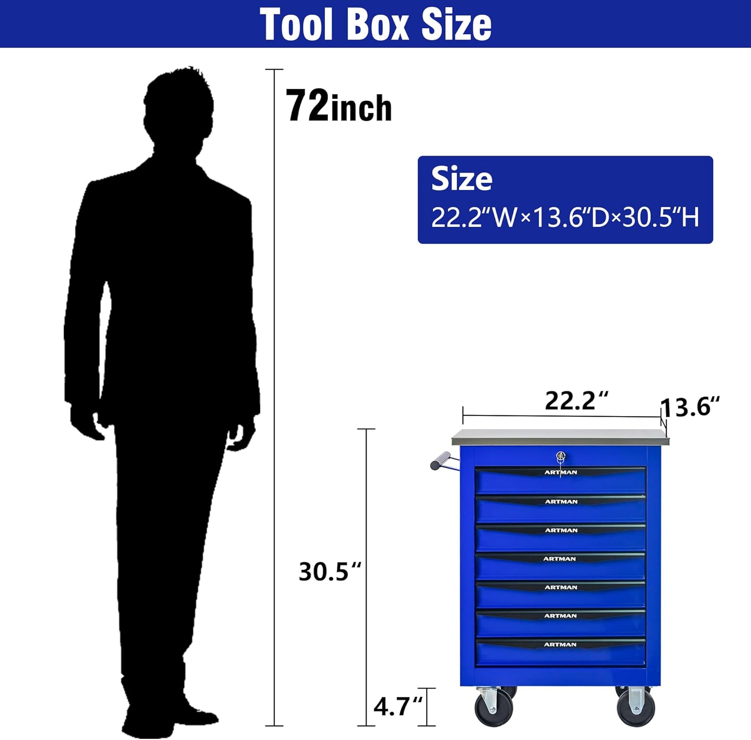7 Drawers Tool Cart on Wheels with Stainless Steel Worktop, Heavy Duty Mobile Rolling Drawer Tool Chest with Locking Wheels & Lockable Drawers, Garage Tool Storage Cabinet (Blue, 7 Drawers)
