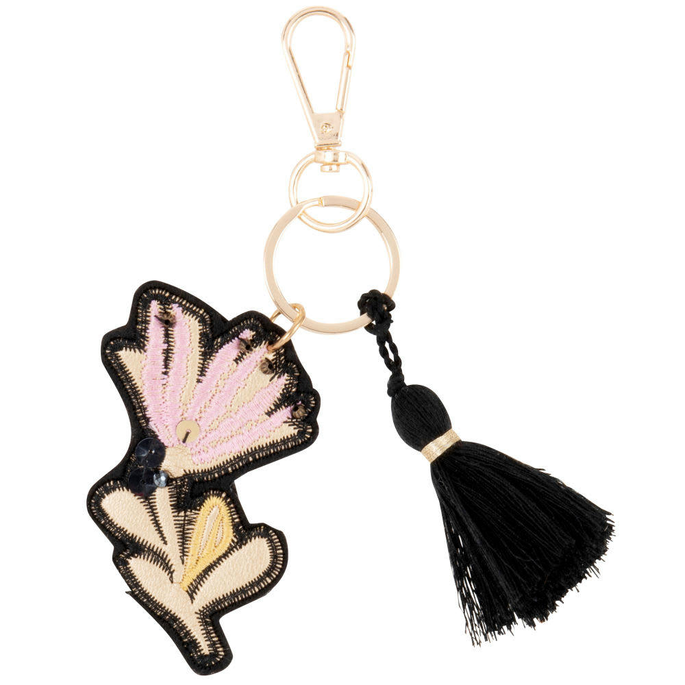 - Porte-clés fleur, noir, doré et rose