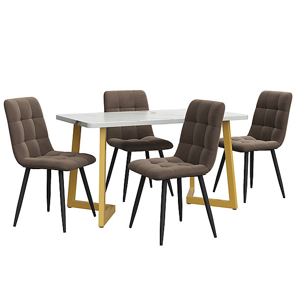 Ensemble Table Rectangulaire Effet Marbre - MDF et 4 Chaises Velours Marron, Pieds Métal Dorés