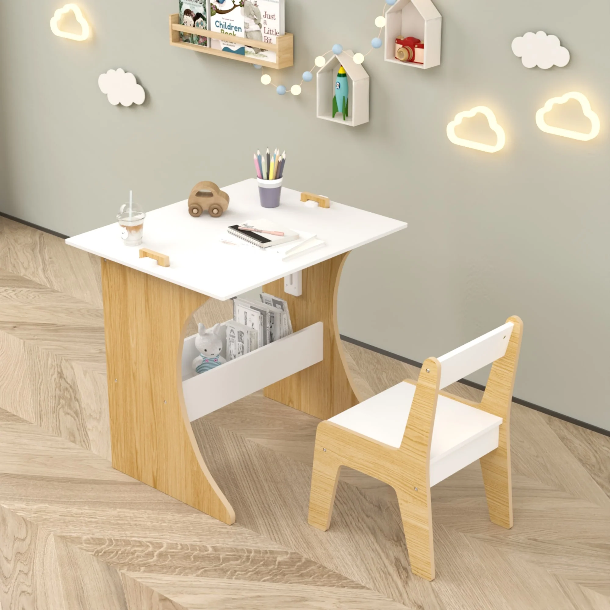 Kids Table Set with One Chair, Multifunctional Wooden Children Study Table-Convertible Tabletop for Study, Drawing & Play