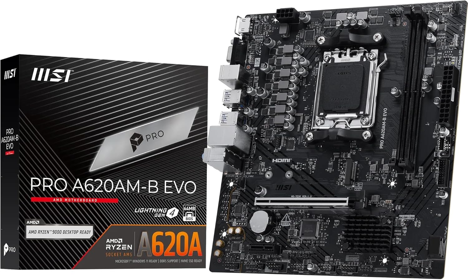 MSI PRO A620AM-B EVO Motherboard, Micro-ATX - Supports AMD Ryzen 9000/8000 / 7000 Processors, AM5 - DDR5 Memory Boost (6800+ MT/s OC), 1 x PCIe 4.0 x16, 1 x M.2 Gen4