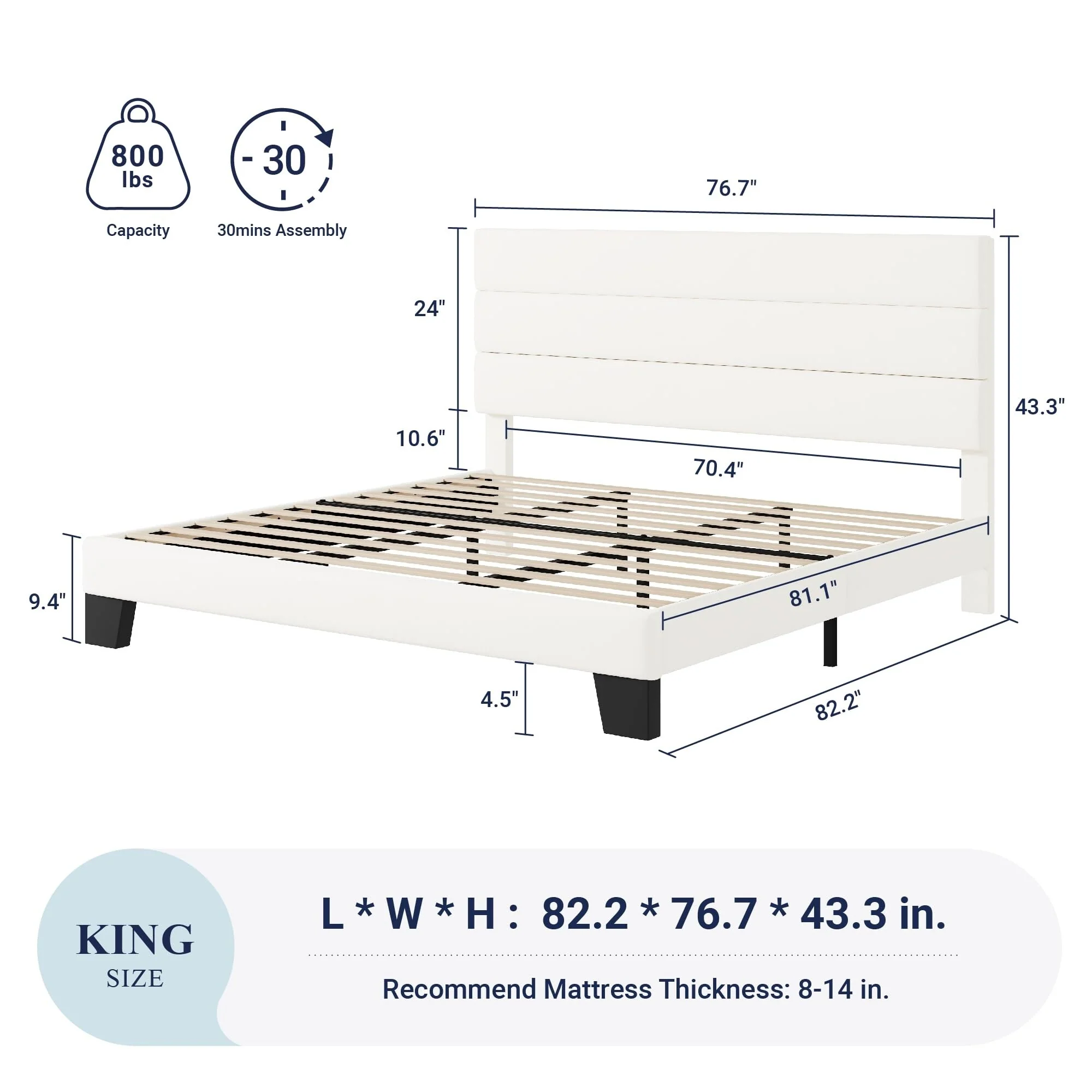 King Size Platform Bed Frame with Velvet Headboard Wooden Slats Support No Box Spring Needed Easy Assembly
