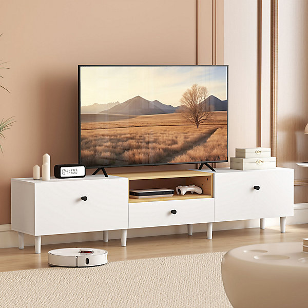Meuble TV 200 cm design bicolore sur pied 2 portes rabattables tiroir niche effet bois clair blanc