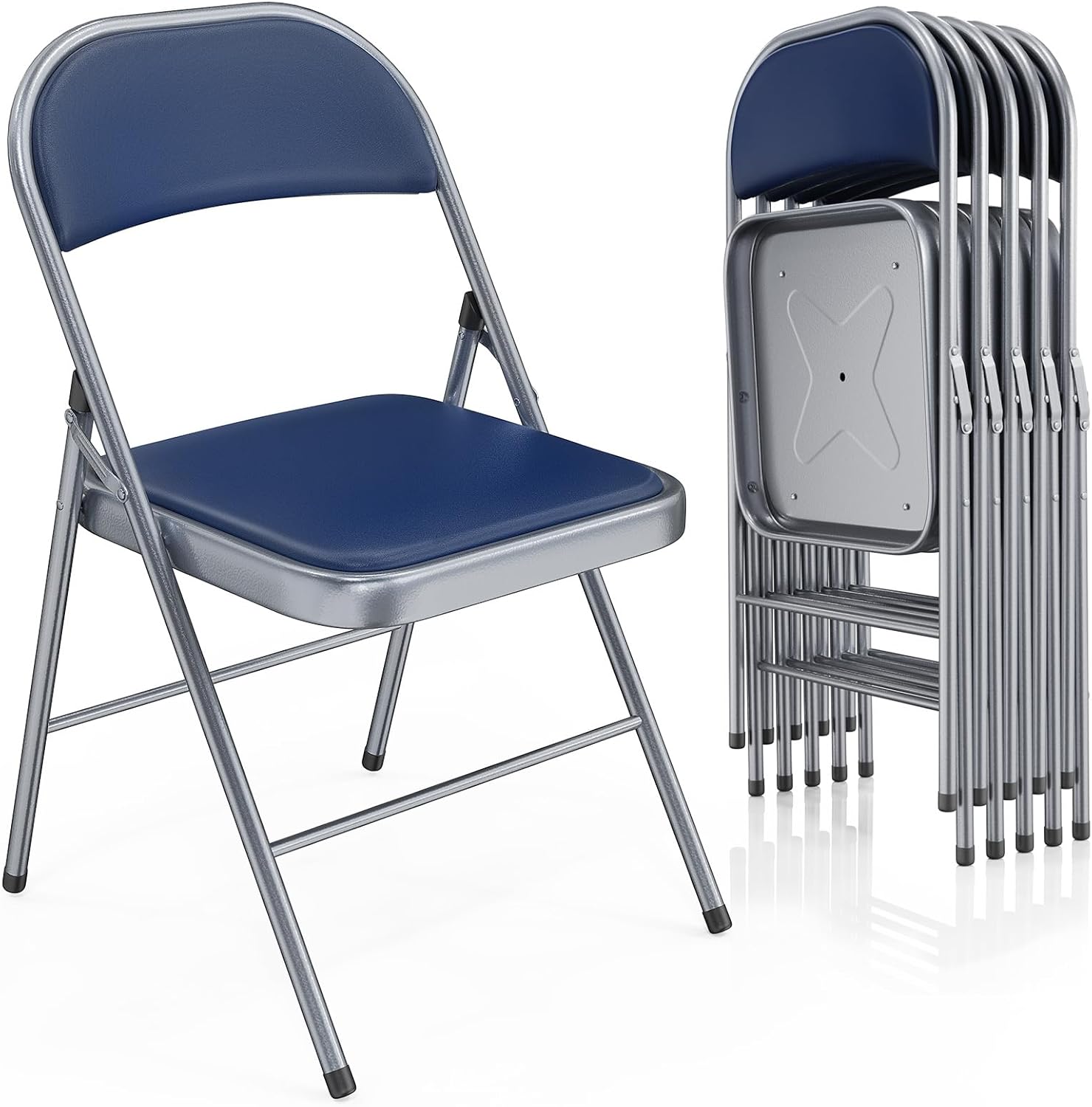 VINGLI 6 Pack Folding Chairs with Padded Seats, Metal Frame with Pu Leather Seat & Back, Capacity 350 lbs, Blue