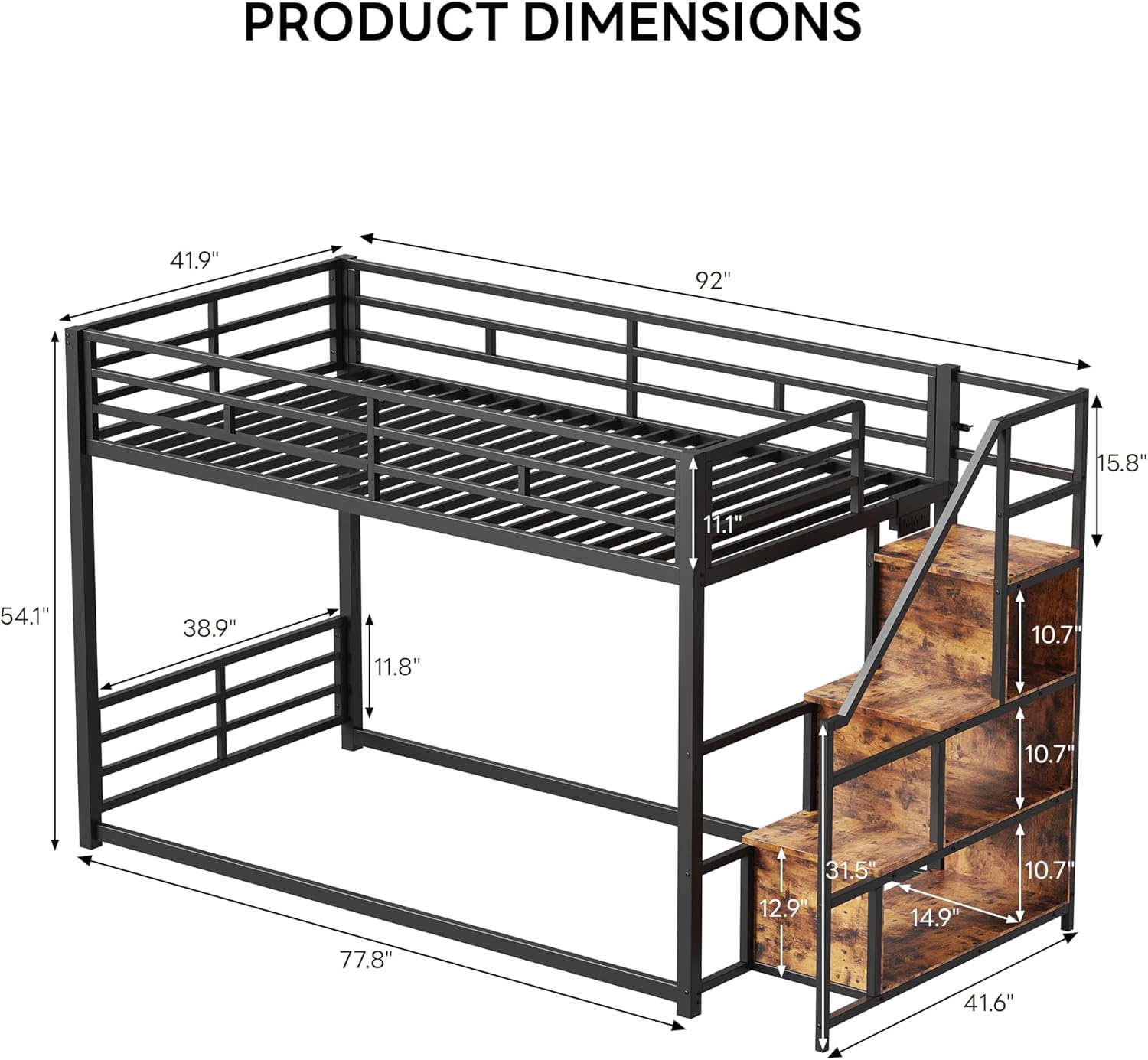 LIKIMIO Bunk Bed Twin Over Twin, Metal Floor Bed Frame with Power Outlet, Storage Staircase and Safety Guardrail, Space Saving for Apartment or Dorm, No Box Spring Needed, Vintage Brown