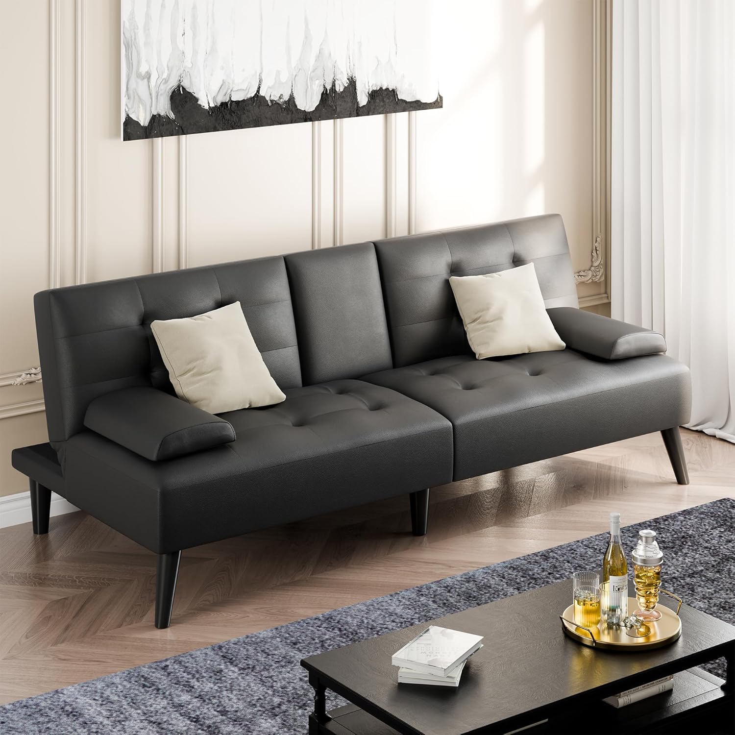 Shintenchi Futon Sofa Bed, Leather Foldable Couch, Reclining Sleeper with Removable Armrests, Upholstered Loveseat Sofa Couch with Folding Cup Holders for Home, Office(Black)