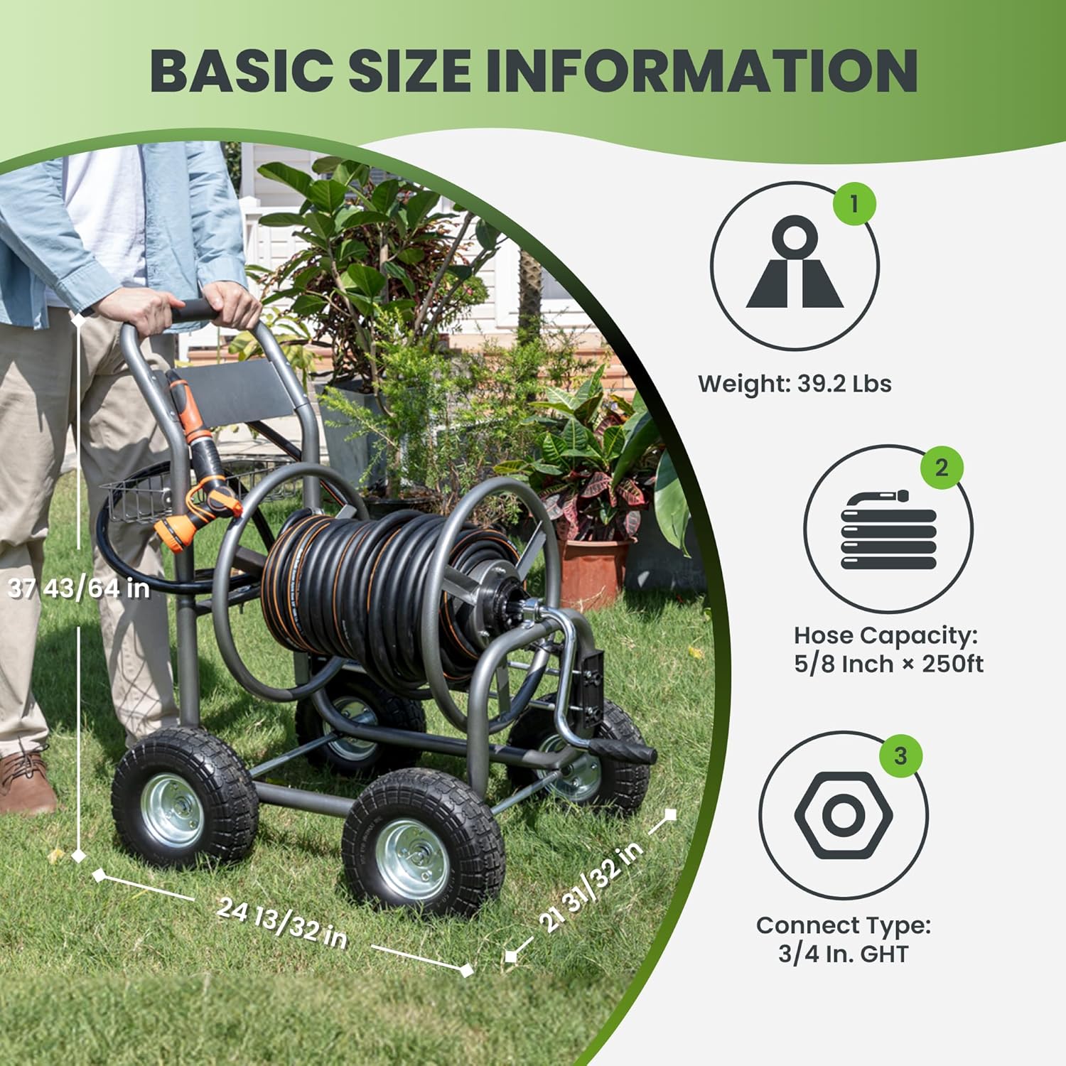 Giraffe Tools Heavy Duty Garden Hose Reel Cart with Wheels - Industrial Outdoor Hose Storage Reel  Pre-Installed Guide for 250-Feet of 5/8 Hose Capacity