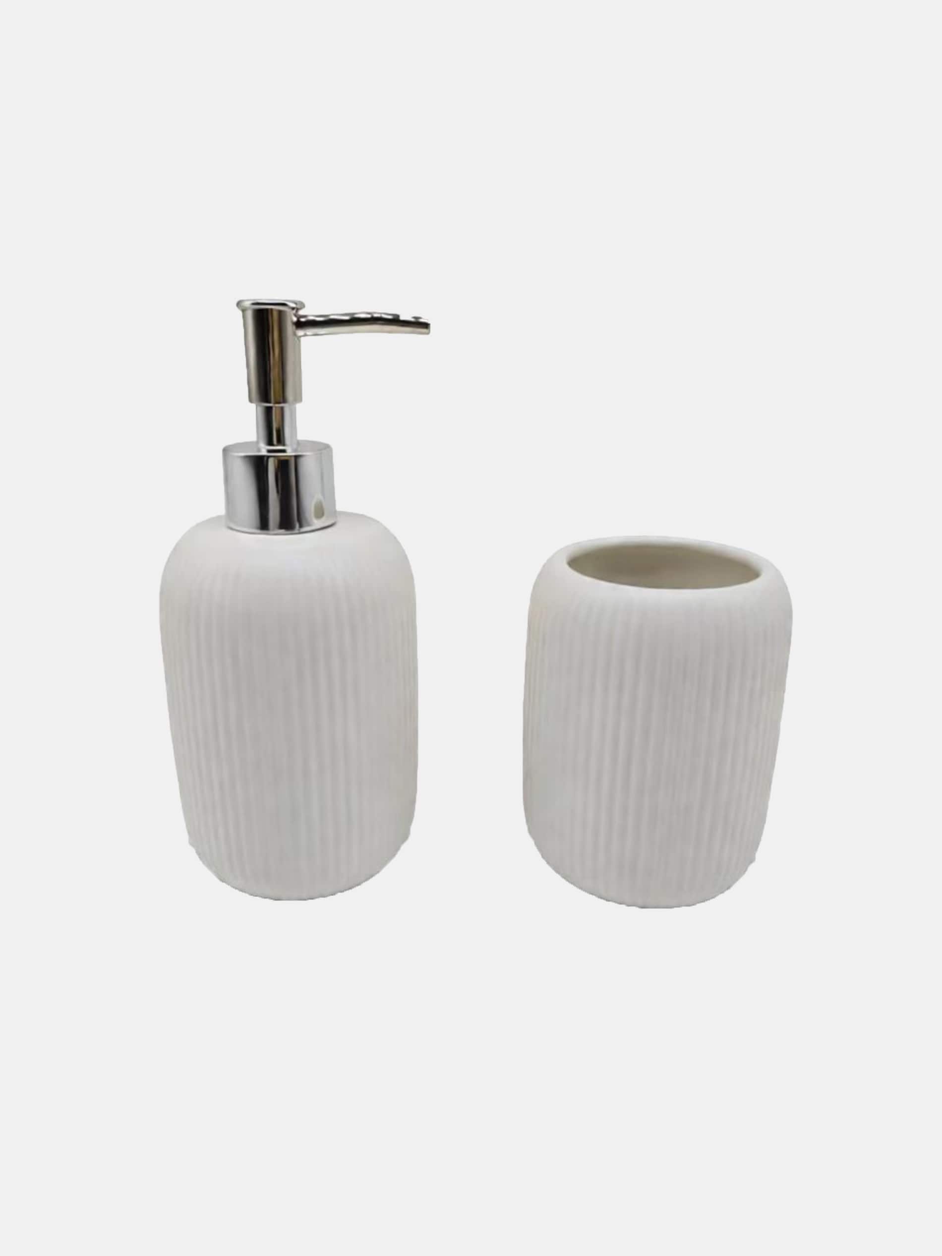 Ceramiczny zestaw łazienkowy z ryflowaniem – dozownik i kubek