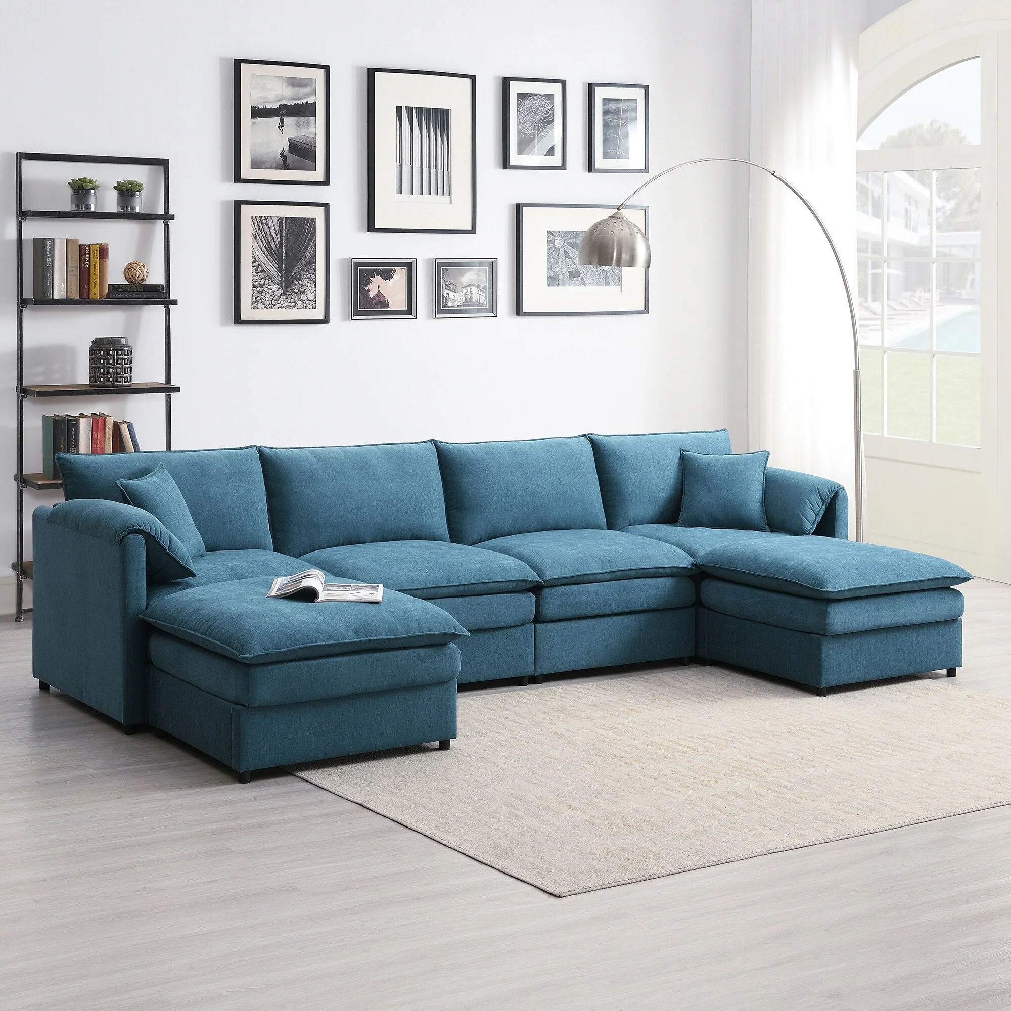 134 Chenille U-Shaped 6-Seater Modular Sectional Sofa with Double Cushions and Detachable Ottomans for Flexibility