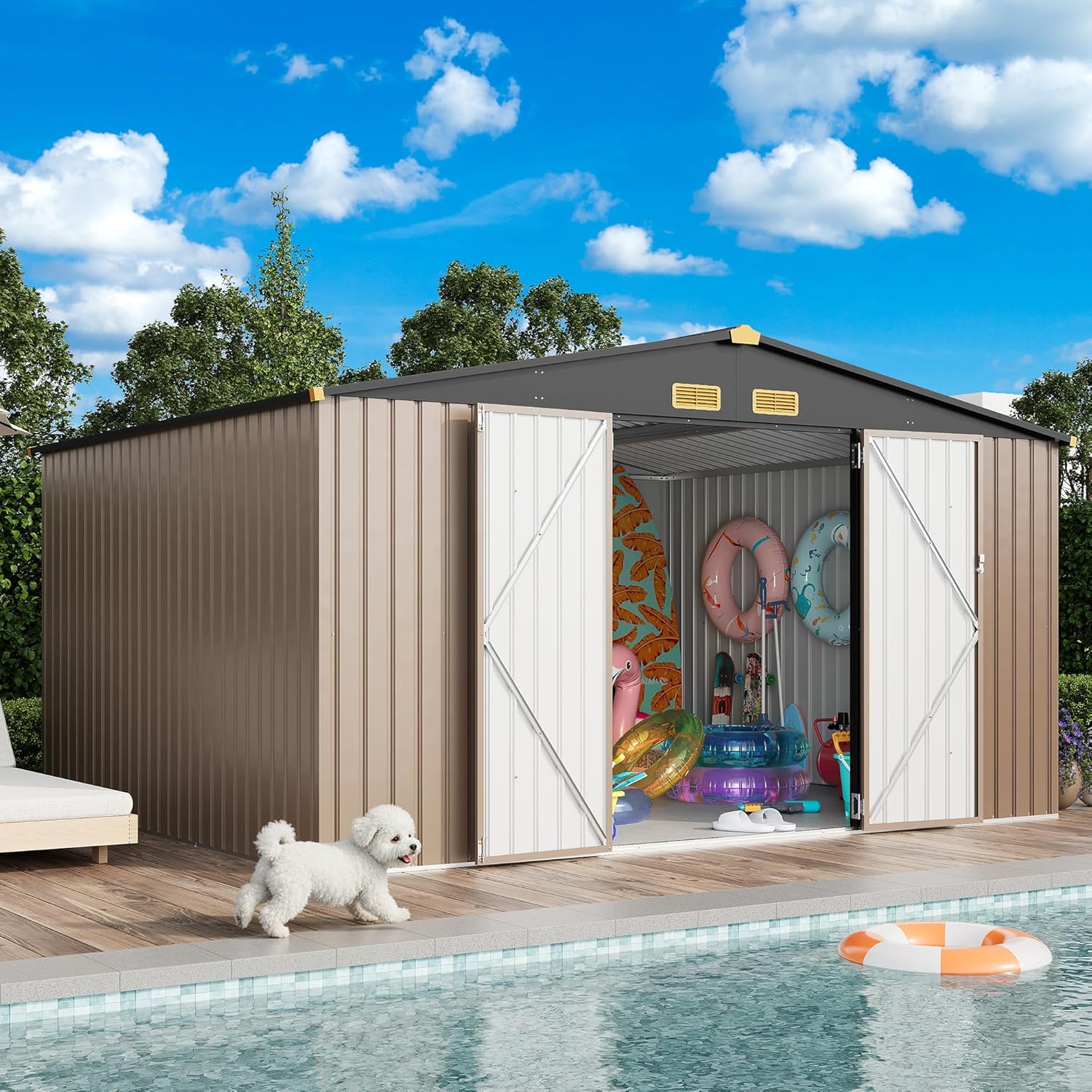 IRONCK 10x12FT Outdoor Storage Shed  Metal Garden Tool Shed with Breathable Vent and Lockable Doors  Outside Storage for Backyard  Poolside  Patio  Brown