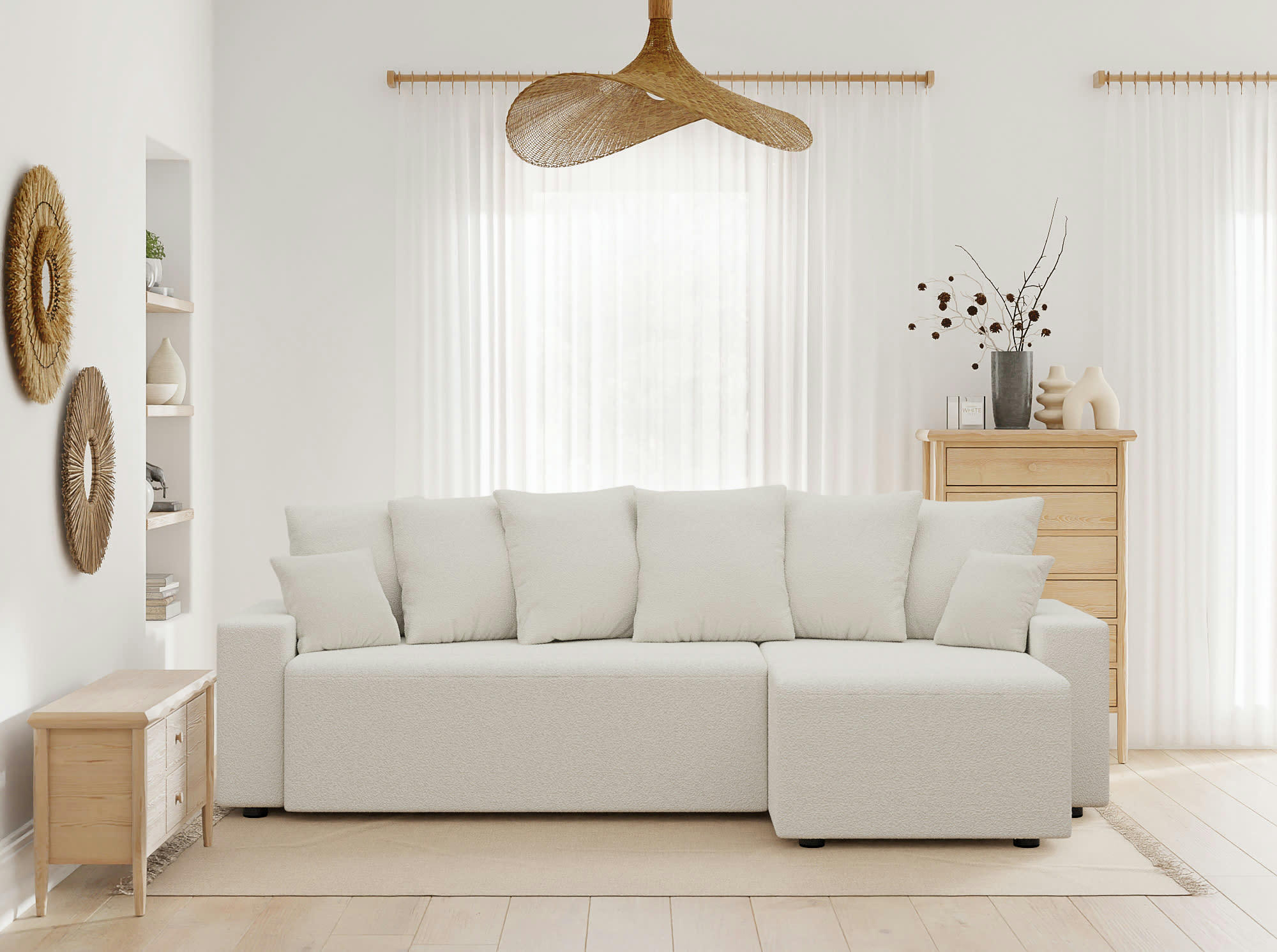 ALMA - Canapé d'angle convertible en tissu 4 places blanc