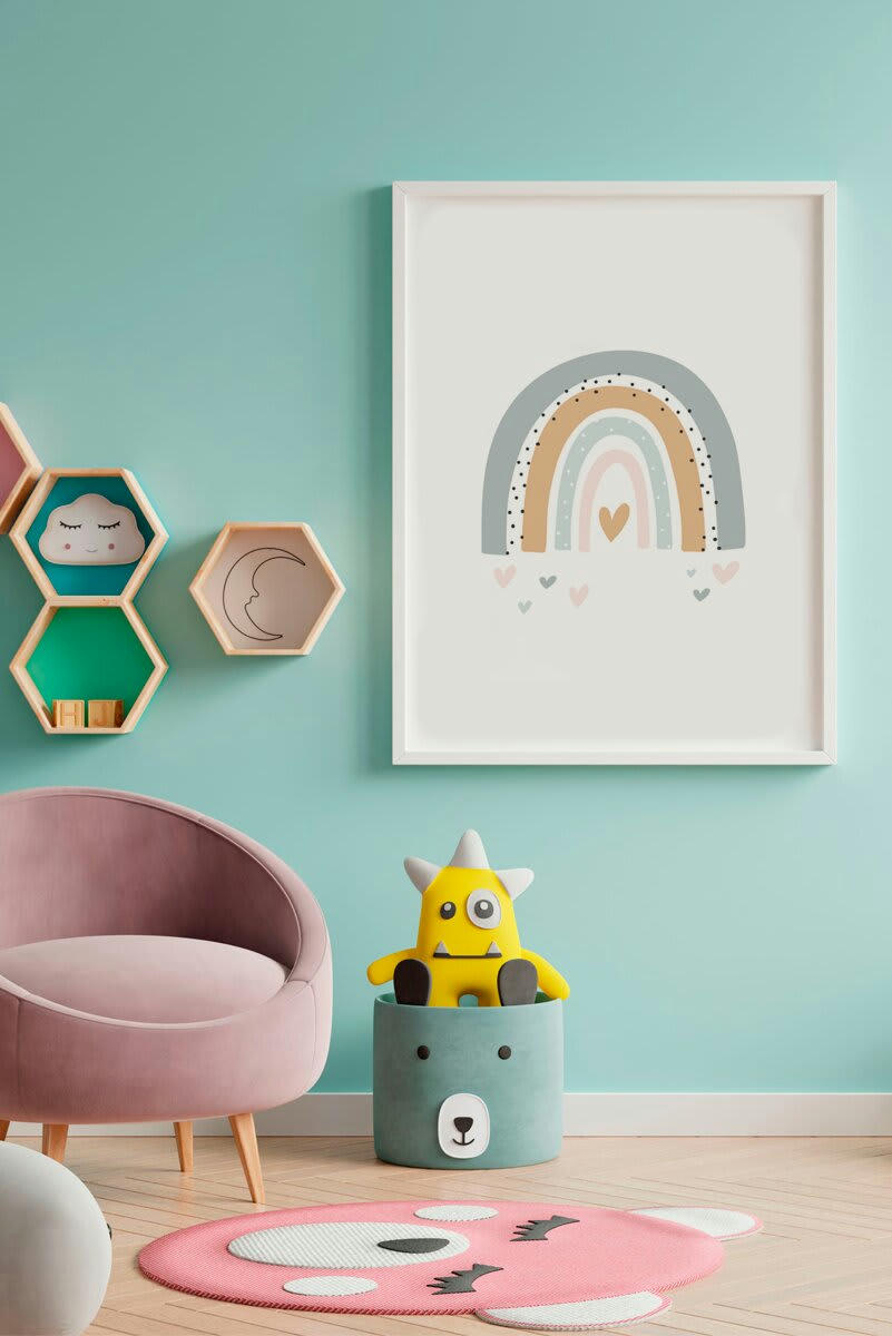 DECOWALL - Impression de  arc-en-ciel gris encadrée en bois blanc 43X33 cm