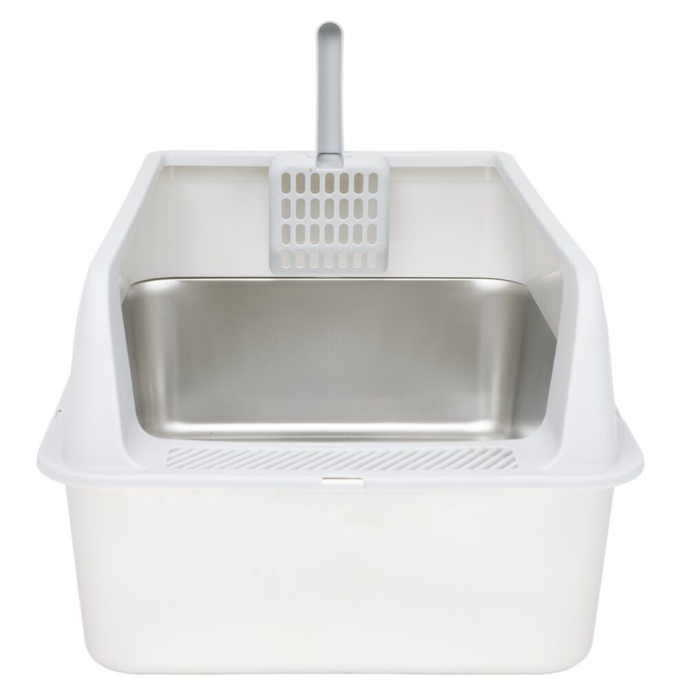 Bac à litière inox et plastique 60x40x28cm blanc et gris