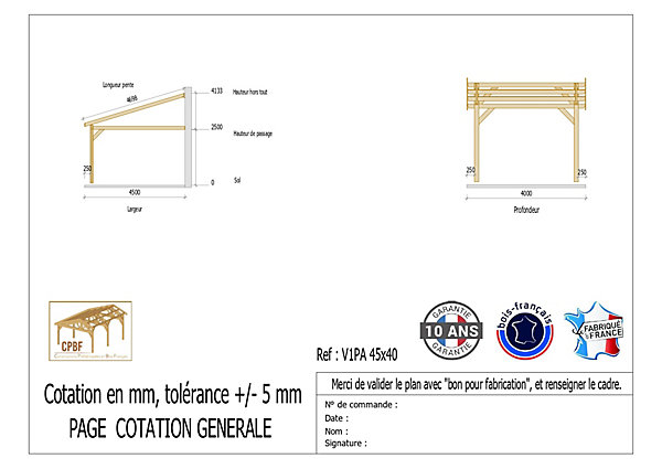 Carport adossé une pente 450cmx400cm, bois DOUGLAS Français (Charpente en bois-auvent-abri voiture) 18 m². Garantie 10 ans