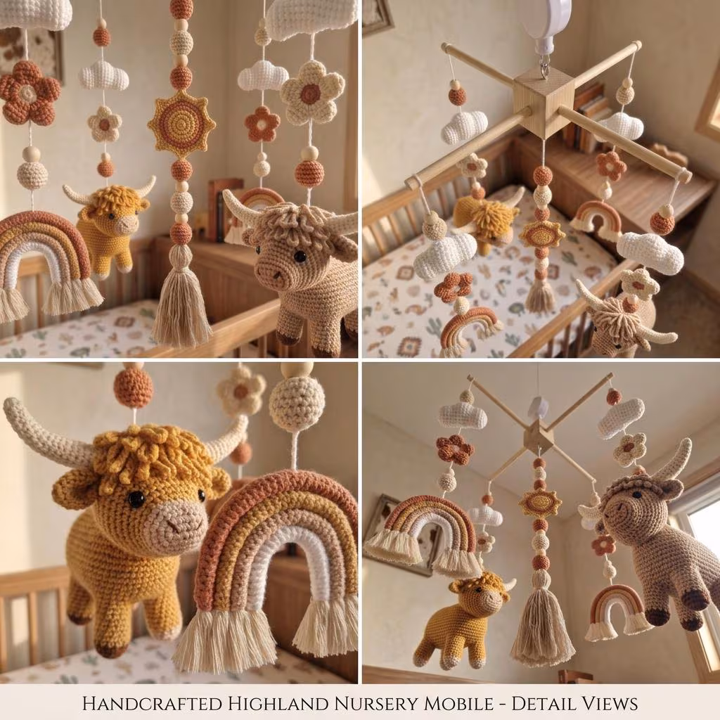 Crochet Western Cow Baby Mobile Bundle, Highland Cow Crib Mobile, Boho Cowboy Nursery Decor, Milk Cotton Baby Shower Gift, Newborn Decor