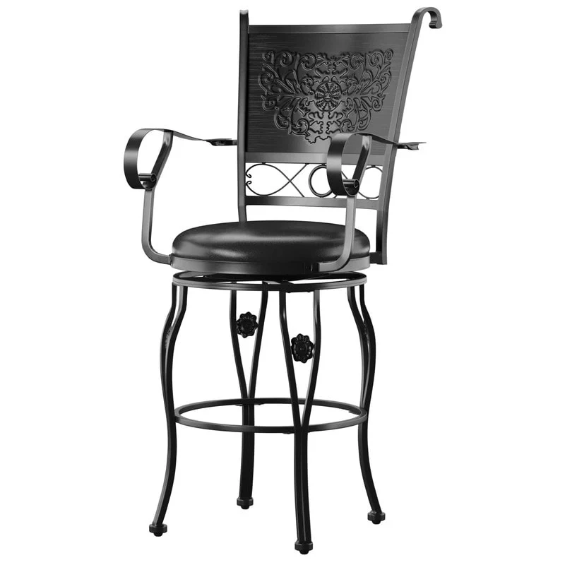 Elle Big & Tall Black Metal Swivel Barstool with Faux Leather Seat