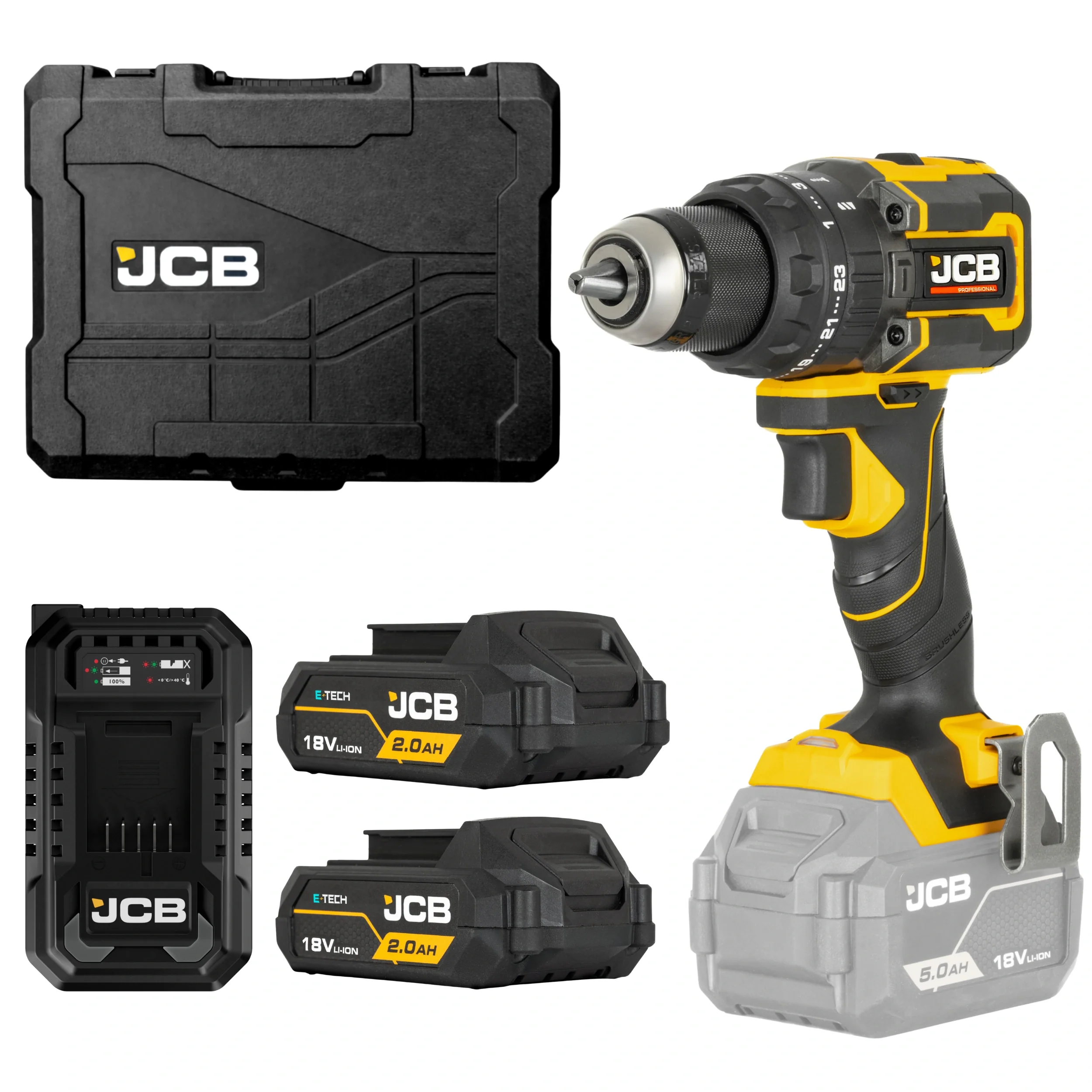 JCB Professional Wiertarko-Wkrętarka Akumulatorowa 18V 75Nm Zestaw 2x 2,0Ah Ładowarka Walizka