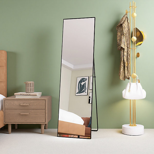 Miroir en pied grand, 140x40 cm, sur pied ou mural, rectangulaire, verre trempé, cadre aluminium, Noir