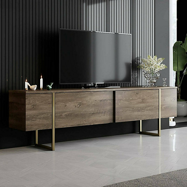 Meuble TV Abishia, Buffet de salon, Armoire basse pour TV, Base murale de rangement, 180x30h50 cm, Noyer et Or