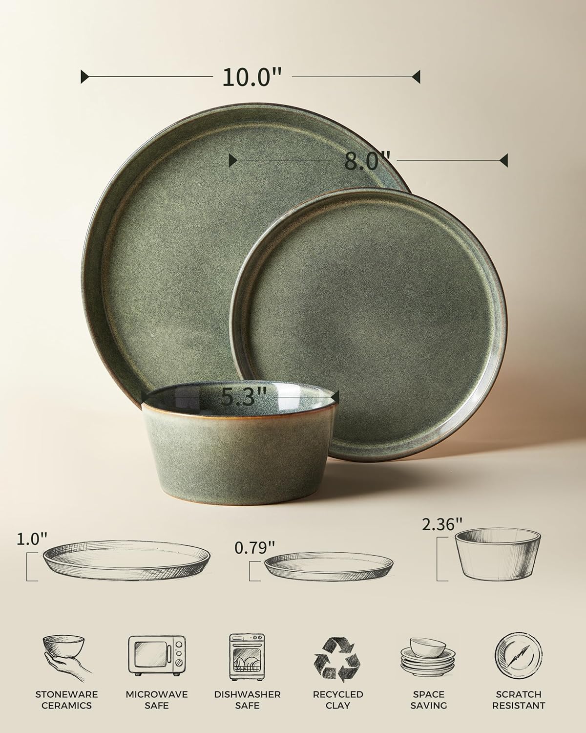 Pokini Dinnerware Sets, Microwave Safe Plates and Bowls Sets, Dishes Set for 6, Chip & Scratch Resistant Dinner Set, Hand Glazed Farmhouse Dishware Sets, Green Wheat