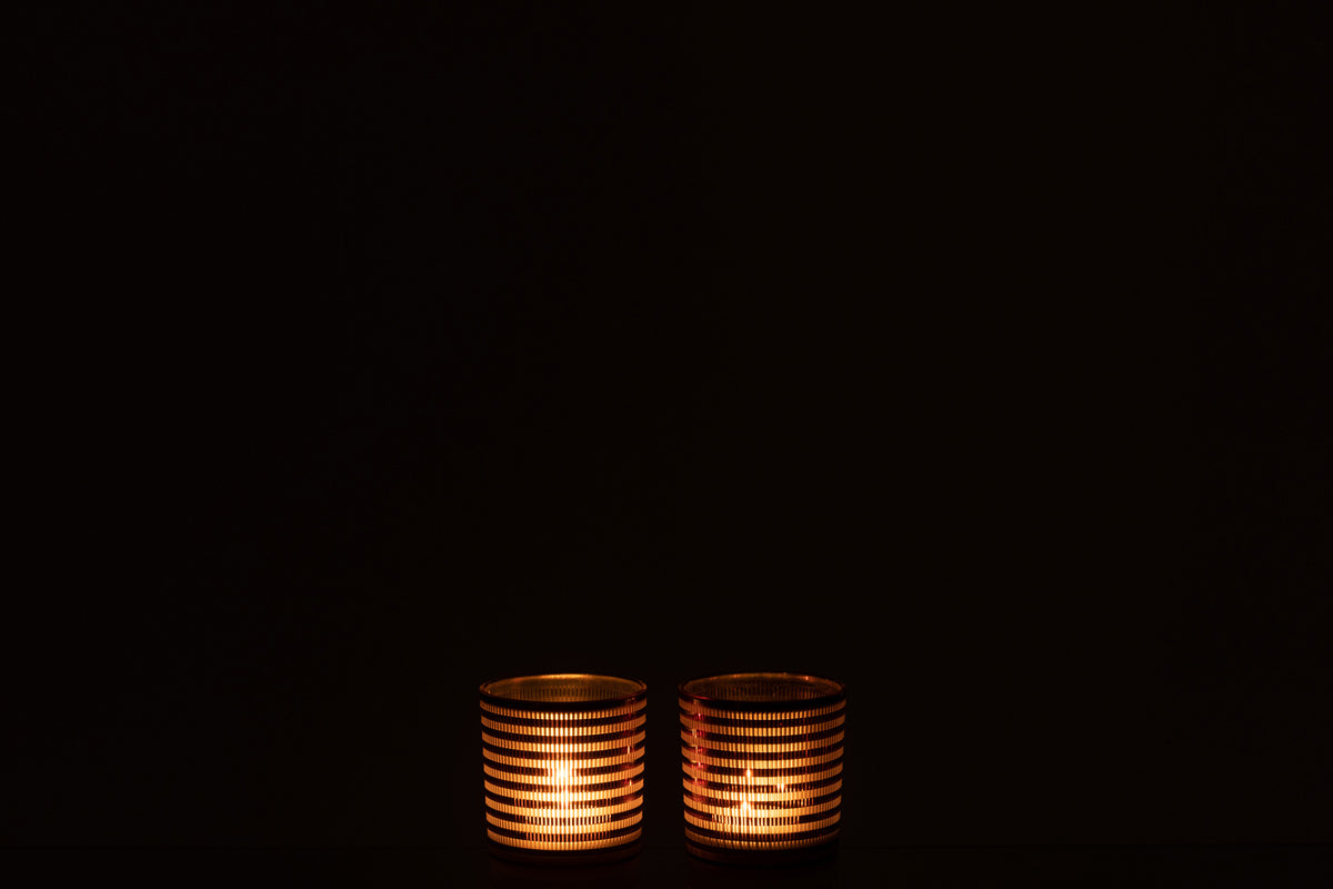 J-Line windlicht Strepen - glas - bruin - 2 stuks