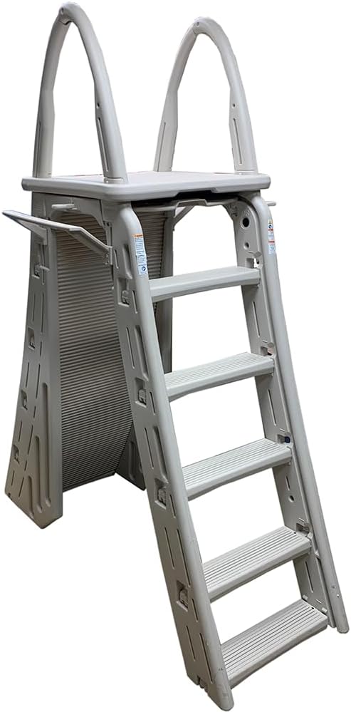 Confer Plastics 7200 Roll Guard 48 to 56 Adjustable A Frame Safety Ladder for Above Ground Outdoor Patio Swimming Pool Platform Ladder with Step Barrier, Warm Grey��(Warm Grey)
