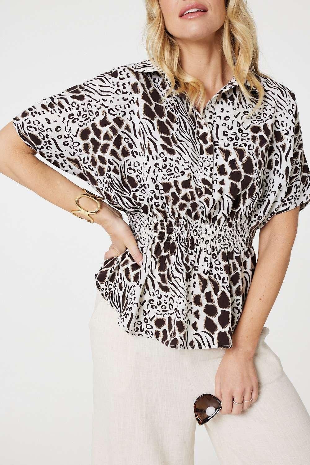 Izabel London Animal Print Shirred Waist Blouse