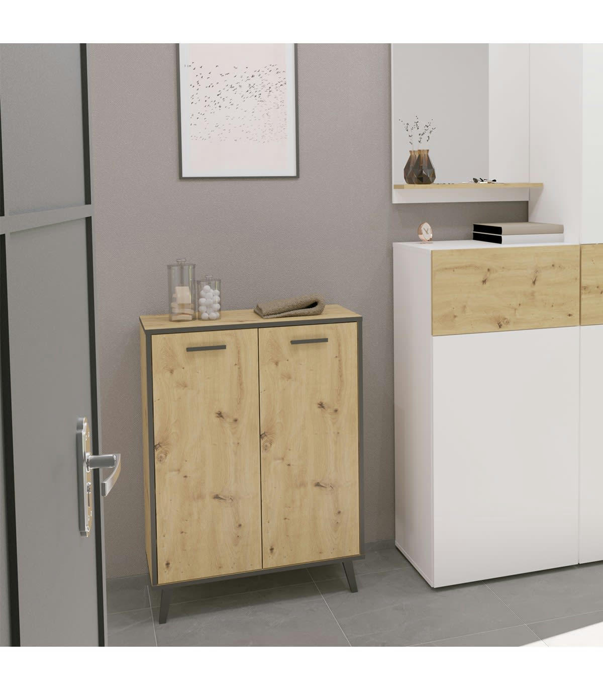 PLAU 1 - Petit buffet décor 2 portes chêne et gris foncé - L68,5 cm