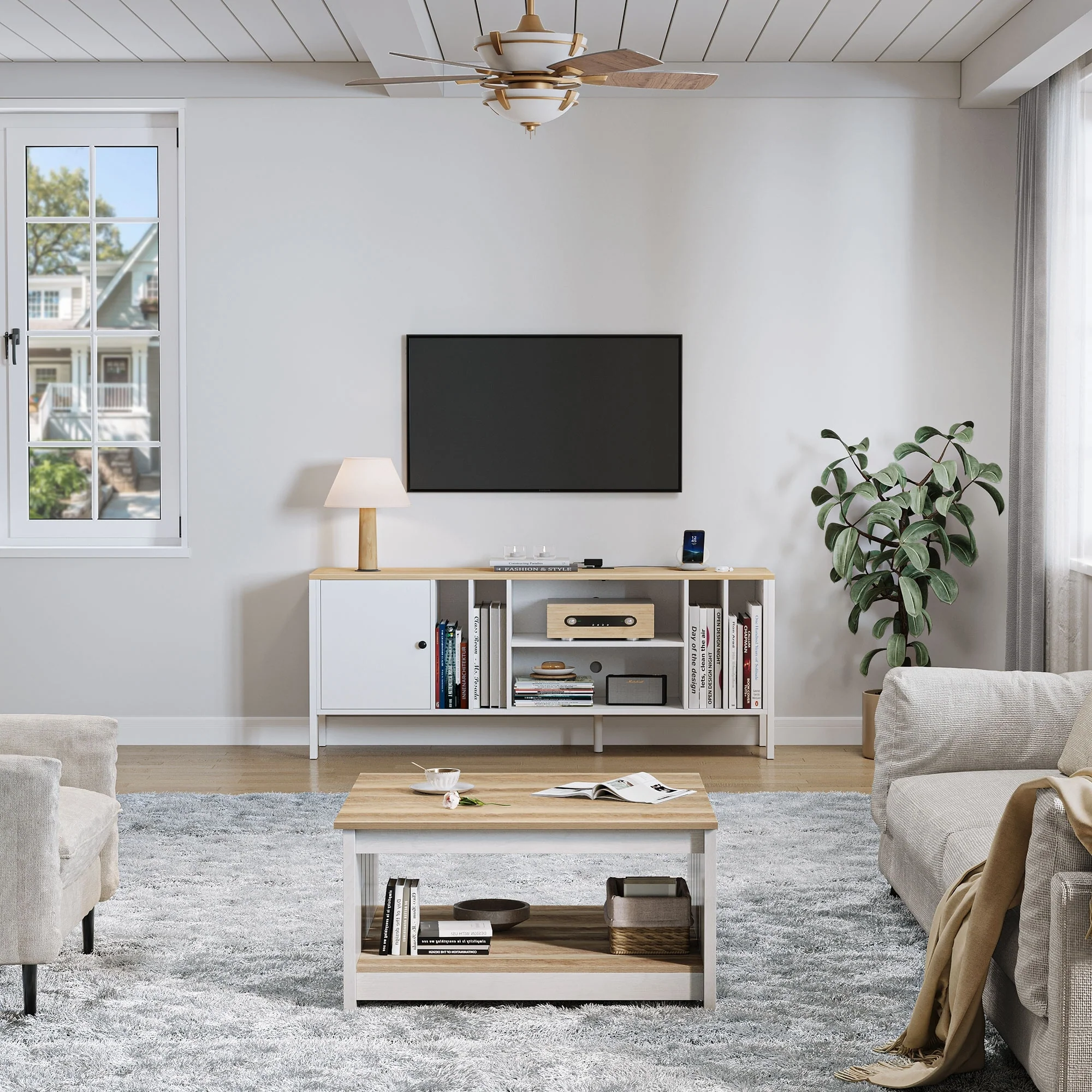 Modern 65-inch TV Stand with Open Shelves and Power Strip USB Ports