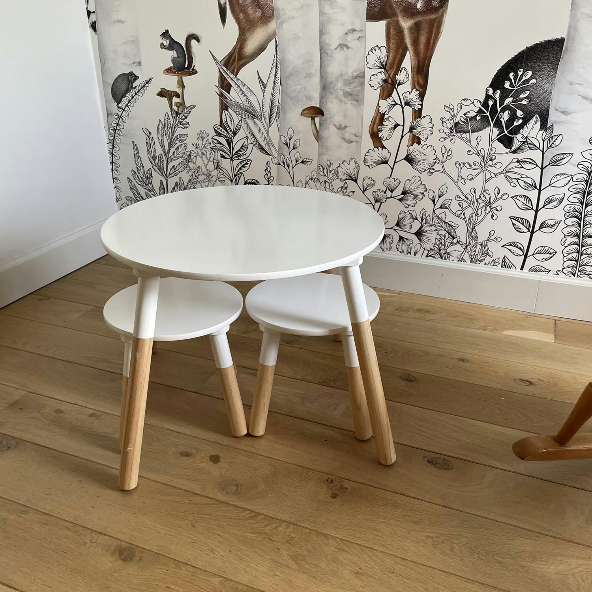 TOBIAS - Table ronde et deux tabourets pour enfants naturel blanc