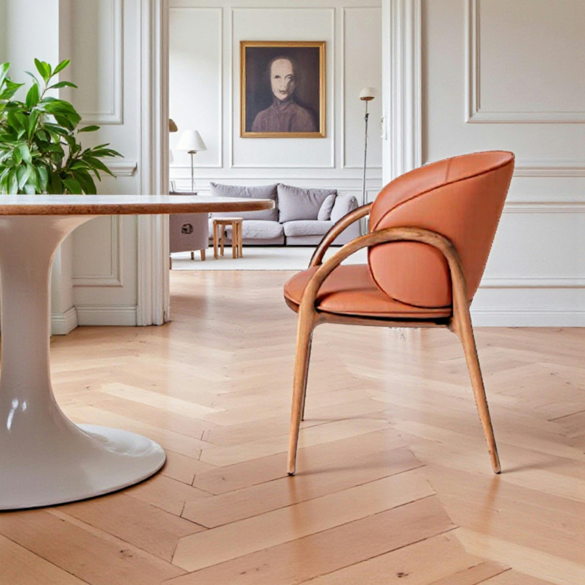 Chaise en cuir terracotta dos rond accoudoirs bois brun ALDER